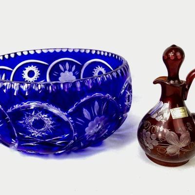 RIHI984 Vintage Crystal From Poland & Czechlosavakia	Lead Crystal cobalt blue to clear bowl, Poland. Â Egermann, Czechoslovakian...