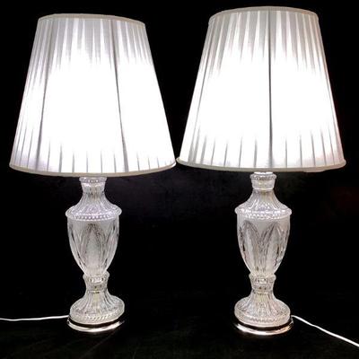 MAHA913 Heyco Leviton Etched Glass Lamp Pair	2 31.5 inch tall cut crystal table lamps with polished silver accents, white shades. Â Both...