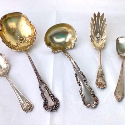 MAHA929 Antique & Vintage Sterling Silver Pieces	1 ladle spoon by Whittington Lilly, 1 serving spoon by Frank W. Smith Silver Company, 3...