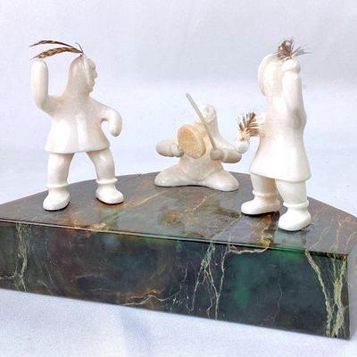 MAHA933 1960â€™s Signed Isaac Koyuk Dancer, Drummer & Inupiaq Indian	Carved figurines attached to polished stone base.Â 1 figurine...