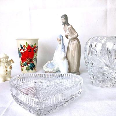 JETH922 Lenox Lladro & Waterford Holiday Decor	Marquis by Waterford vase, Waterford heart shaped dish. Â Holy Family figurine - NAO...