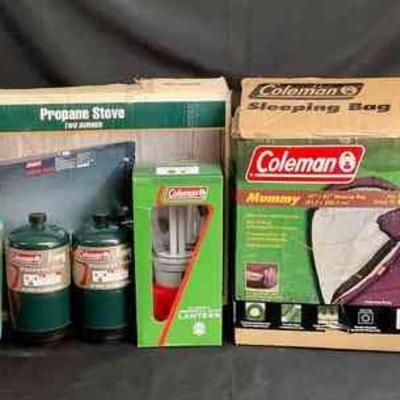 WIII205 Coleman Camping Set	Coleman Mummy sleeping bag. Comes with the original box. Coleman propane stove with 2 burners. Looks to be...