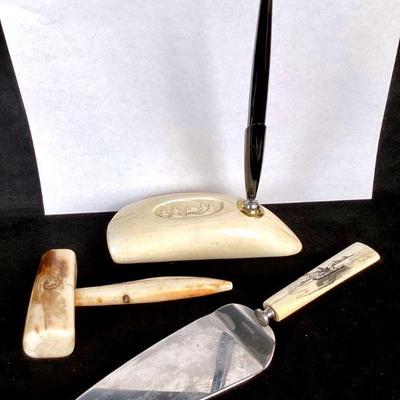 MAHA938 Alaskan Eskimo Art Decor	1960's Scrimshaw pieces.Â Stainless cake server with hand decorated bone handle - signed Kayla...