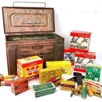 WIII907 Boxes & Boxes Of Ammo	Vintage metal Ammo box 1/4 way full of shotgun shells and mixed ammo.Â 
