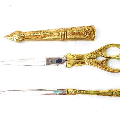 MAHA920 Antique Julius Hammesfahr Set	Detailed brass handled scissors, letter opener in matching sheath, Jolingen, Germany.
