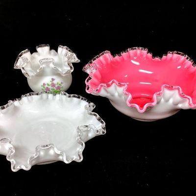 VIMY911 Fenton Ruffled Glass Bowl Trio	Pink & white ruffle edge center bowl, Silver Crest milk glass, clear edge ruffle edge bowl,...