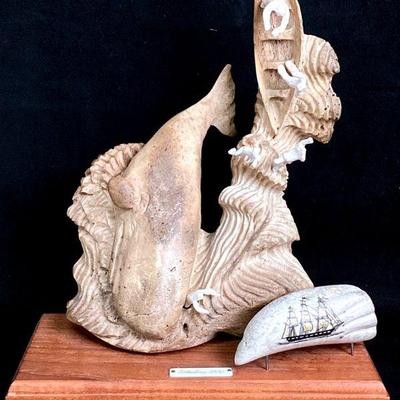 MAHA934 1960â€™s Whalebone & Scrimshaw Carvings	Carved ivory figures depicting the perils of whaling in the 1880's.Â Signed RLG.
