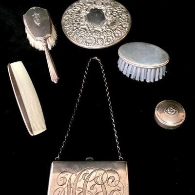 MAHA930 Antique & Vintage Sterling Grooming Items & Moore	All Sterling Items. Round pill box stamped Sterling, Denmark.Â Sterling brush...
