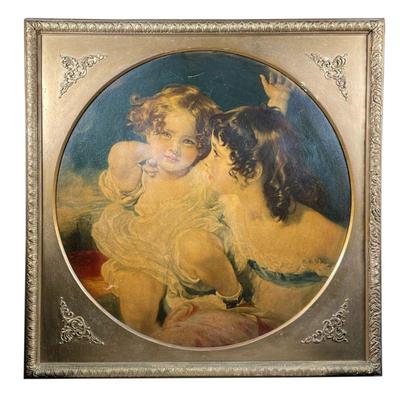 ANTIQUE STYLE FRAMED PRINT | Two young girls. Print on poster board. Framed in tondo. - w. 33 x h. 33 in (frame)
