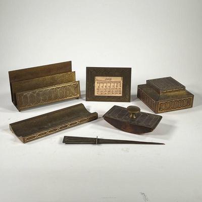 (6PC) SILVER CREST DESK SET | Including a letter opener, and tray, an inkwell, a letter blotter, a letter holder, and a small desk...