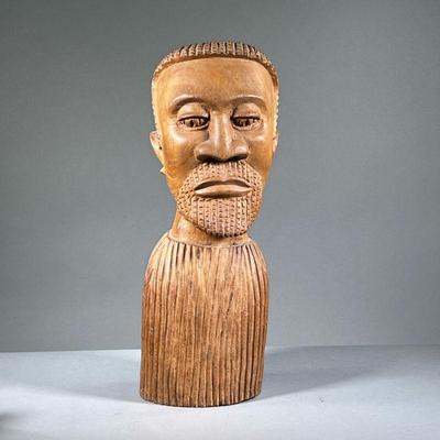 LARGE WOODEN BUST | Hand-carved wooden bust of a manâ€™s head. - l. 7 x w. 7 x h. 21 in
