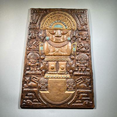 CENTRAL/ SOUTH AMERICAN PRESSED COPPER PANEL | Showing Mayan devices with applied blue and gold paint. - w. 28 x h. 36 in
