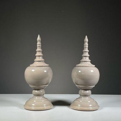 (2PC) PAIR LIDDED JARS | Decorative glazed ceramic lidded jars. - h. 13.5 x dia. 5 in

