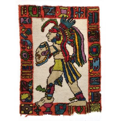 AZTEC DECORATED RUG | Mid-century woven high pile rug with an Aztec figure with shield and crown on a beige background in an orange...