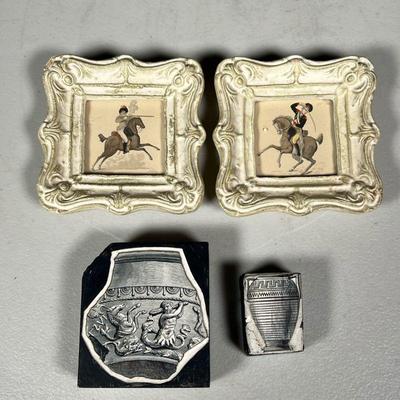(4PC) SMALL ENGRAVING BLOCKS & PRINTS | Including two wood engraving blocks with old inscriptions on verso, the larger one stamped 