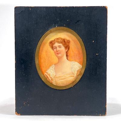 MINIATURE PORTRAIT PAINTING | Portrait of a young woman, c. 1890-1910 - 3 x 2.25 in. (Sight) - w. 5 x h. 6 in (frame)
