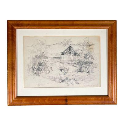 PENCIL DRAWING | Farm scene, pencil signed A War gny (?) lower right. - w. 18.5 x h. 14.5 in (frame)

