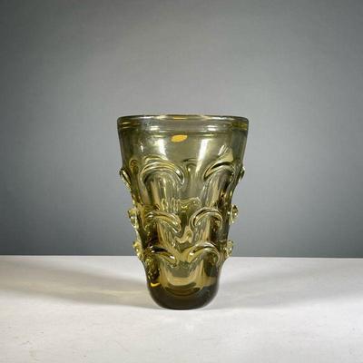 MURANO GLASS VASE | Made in Murano Italy, dark yellow glass vase with indentations. - h. 9.5 x dia. 6.75 in
