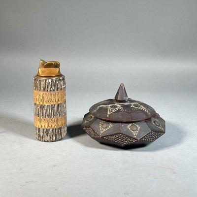 (2PC) CARVED WOOD DECOR | Including a Carved and Painted table, lighter, and a carved wooden box with lid (dia. 5.75 in.) - h. 5.25 in...