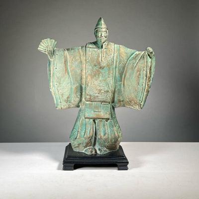CHINESE SCHOLARLY FIGURE | Gilt and painted with faux patination, likely plaster over stone or metal, mounted on a wood base; heavy. - l....