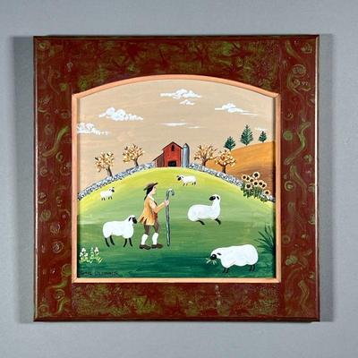 SIGNED FOLK ART PAINTING | Shepherd and sheep in landscape. Oil on wood panel. Signed lower left, 