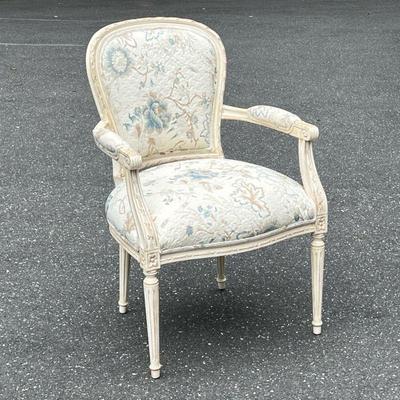 WHITE PAINTED FRENCH CHAIR | White floral upholstery. - l. 27 x w. 25 x h. 38 in
