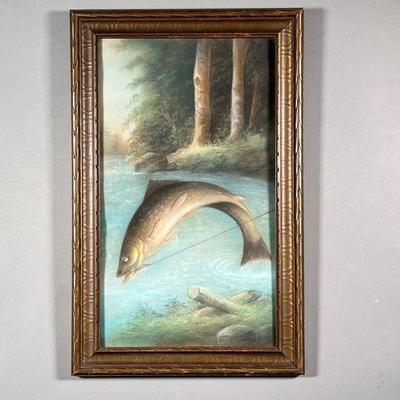 AMERICAN SCHOOL PASTEL | Fish on a line. Pastel on paper. No apparent signature. - w. 13.5 x h. 21 in (frame)
