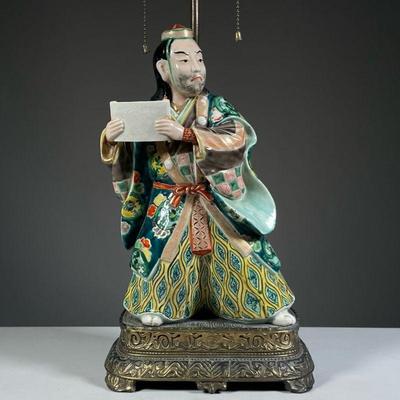 CHINESE FAMILLE VERTE LAMP | Porcelain figure if a scholar mounted as a table lamp; figure only h. 11.5 in. - w. 9 x h. 26 in (overall)
