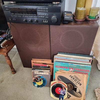 Vintage LP vinyl records and 45 rpm records. Vintage cereal box records