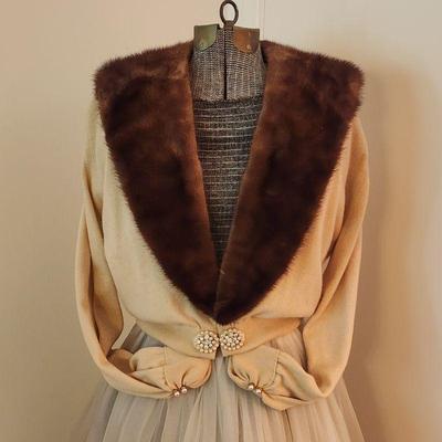 Vintage angora cardigan sweater with pearl accents and fur collar.