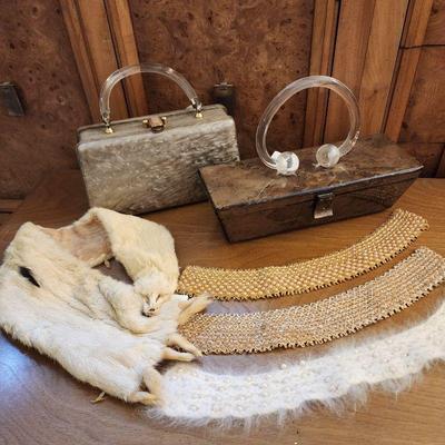MCM Lucite box purses, ermine collar, pearl collars