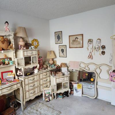 Vintage white and gold French Provincial bedroom set: Triple dresser (9 drawers), mirror, 2 night stands, headboard, desk with hutch....