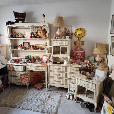 Vintage white and gold French Provincial bedroom set: Triple dresser (9 drawers), mirror, 2 night stands, headboard, desk with hutch....