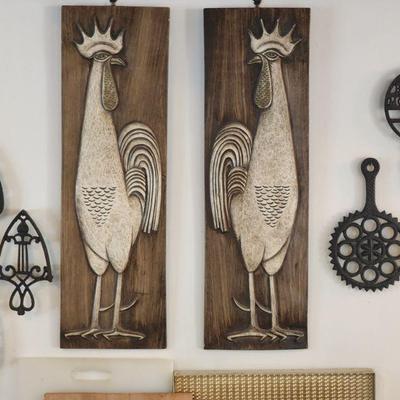 Large MCM tile rooster wall hangings; decorative iron trivets