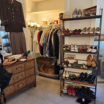 Men's clothing, LOTS of vintage wooden hangers, vintage ladies' shoes