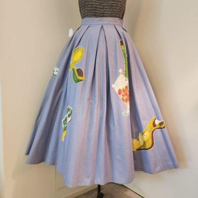 Fun "food" circle skirt with appliqued snacks and cocktails.