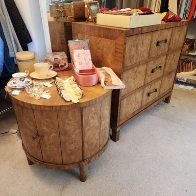 3 Drawer burl veneer dresser and barrel table