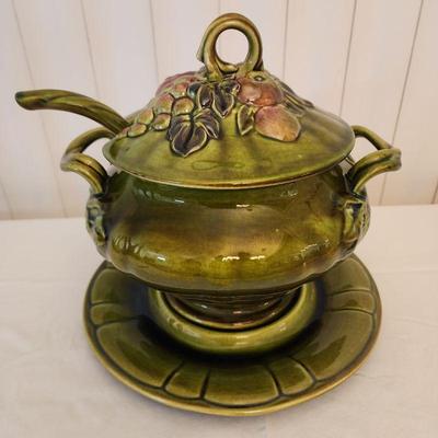 Avocado green California pottery soup tureen.
