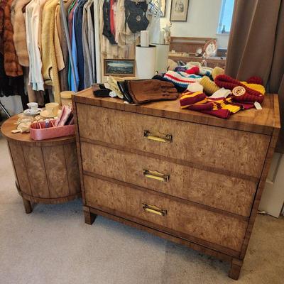 3 Drawer burl veneer dresser and barrel table