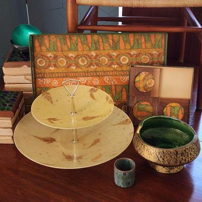 Vintage fiberglass two tiered tidbit tray, vintage serving tray and coasters, vintage MCM pottery