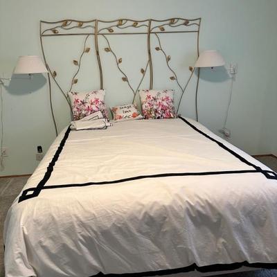 Bed frame & various handmade quilts 