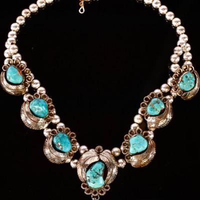 Native American Sterling & Turquoise Squashblossom Necklace