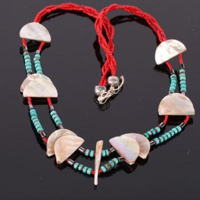 Native American coral, turquoise, abalone shell necklace