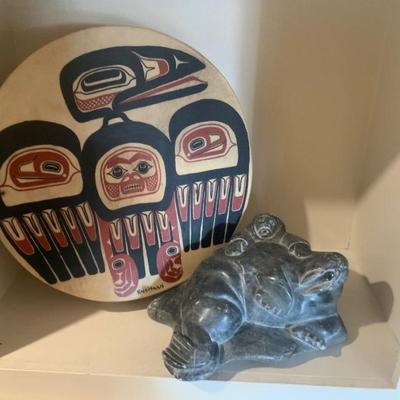 Hand painted drum and carved Inuit soapstone