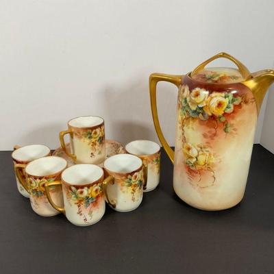 Antique Hand Painted Porcelain Coffee Pot and Cups