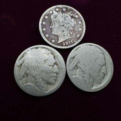 1911 Liberty Head Nickel & (2) Buffalo Nickels