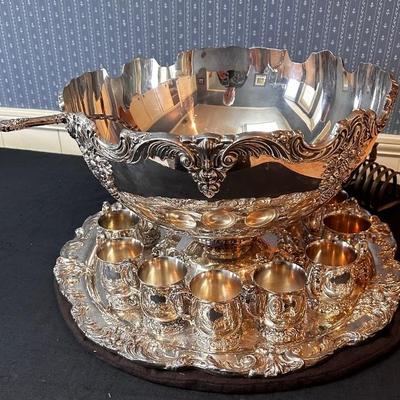 Silver plate punch bowl, underplate and cups