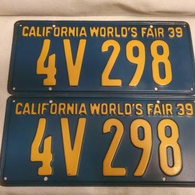 #1462 â€¢ Pair Of Blue & Yellow 1939 California Worlds Fair License Plates
