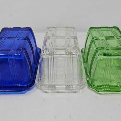 #1122 â€¢ 3 Butter Dishes. Blue, Clear, and Green
