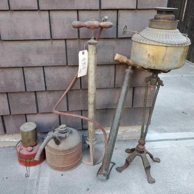 #4908 â€¢ Vintage Gas Cans, Bicycle Pumps, and Lantern

